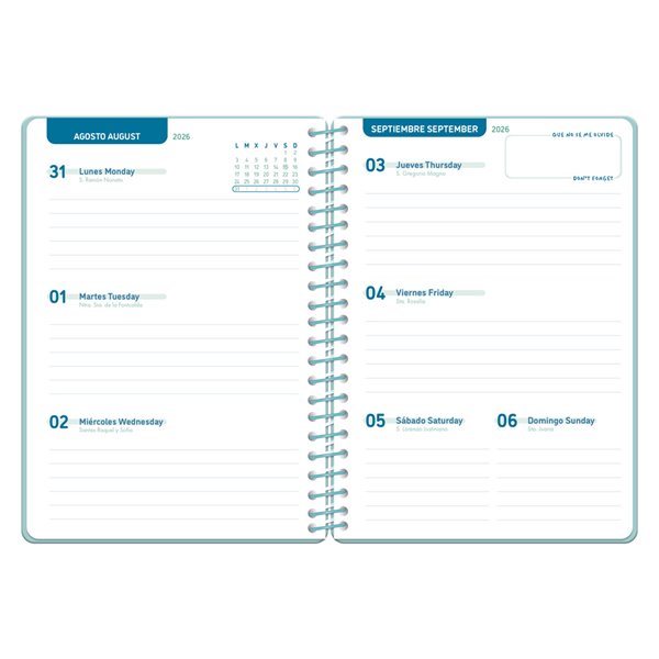 Agenda escolar liderpapel 26-27 espiral classic semana vista a5 bilingue 70g papel fsc azul turquesa