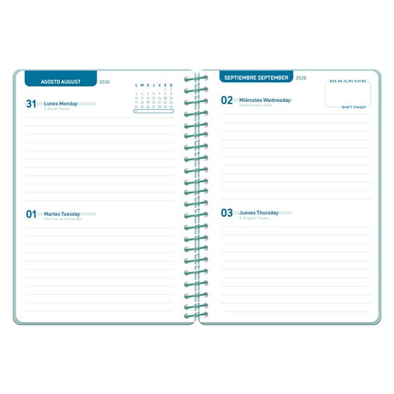 Agenda escolar liderpapel 26-27 espiral basic 2 dias pagina a5 bilingue 70g papel fsc morado