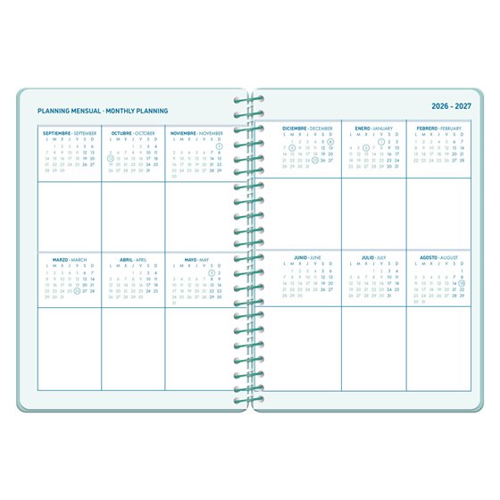 Agenda escolar liderpapel 26-27 espiral basic 2 dias pagina a5 bilingue 70g papel fsc morado