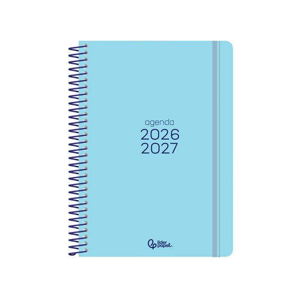 Agenda escolar liderpapel 26-27 espiral basic 2 dias pagina a5 bilingue 70g papel fsc azul turquesa
