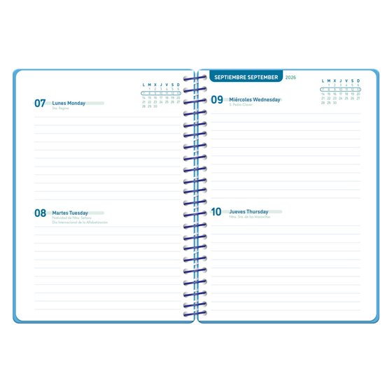 Agenda escolar liderpapel 26-27 espiral basic 2 dias pagina a5 bilingue 70g papel fsc azul turquesa