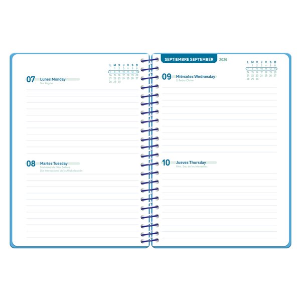 Agenda escolar liderpapel 26-27 espiral basic 2 dias pagina a5 bilingue 70g papel fsc azul turquesa