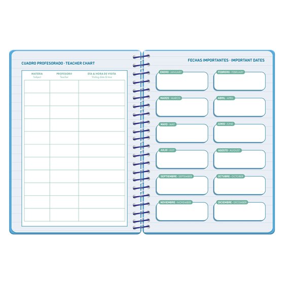 Agenda escolar liderpapel 26-27 espiral basic 2 dias pagina a5 bilingue 70g papel fsc azul turquesa