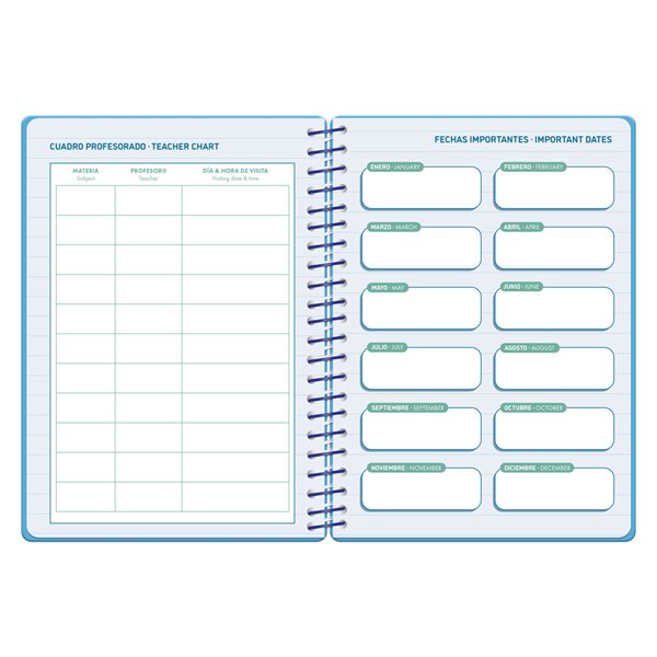 Agenda escolar liderpapel 26-27 espiral basic 2 dias pagina a5 bilingue 70g papel fsc azul turquesa