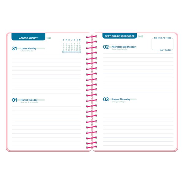 Agenda escolar liderpapel 26-27 espiral basic 2 dias pagina a5 bilingue 70g papel fsc rosa