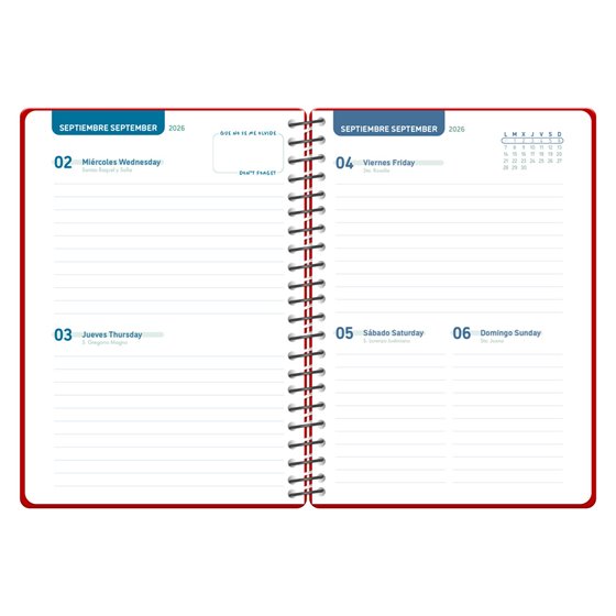Agenda escolar liderpapel 26-27 espiral basic 2 dias pagina a5 bilingue 70g papel fsc rojo