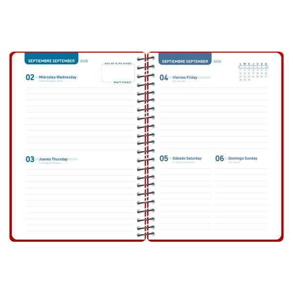 Agenda escolar liderpapel 26-27 espiral basic 2 dias pagina a5 bilingue 70g papel fsc rojo