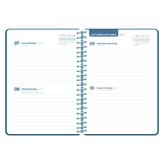 Agenda escolar liderpapel 26-27 espiral basic 2 dias pagina a5 bilingue 70g papel fsc azul marino