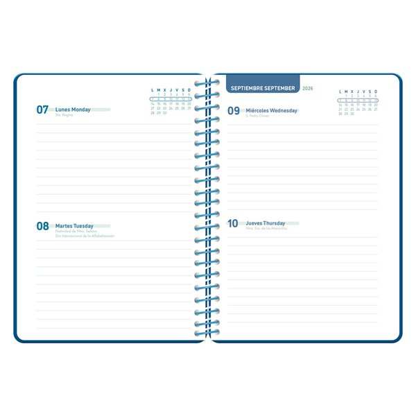 Agenda escolar liderpapel 26-27 espiral basic 2 dias pagina a5 bilingue 70g papel fsc azul marino