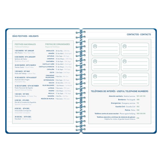 Agenda escolar liderpapel 26-27 espiral basic 2 dias pagina a5 bilingue 70g papel fsc azul marino