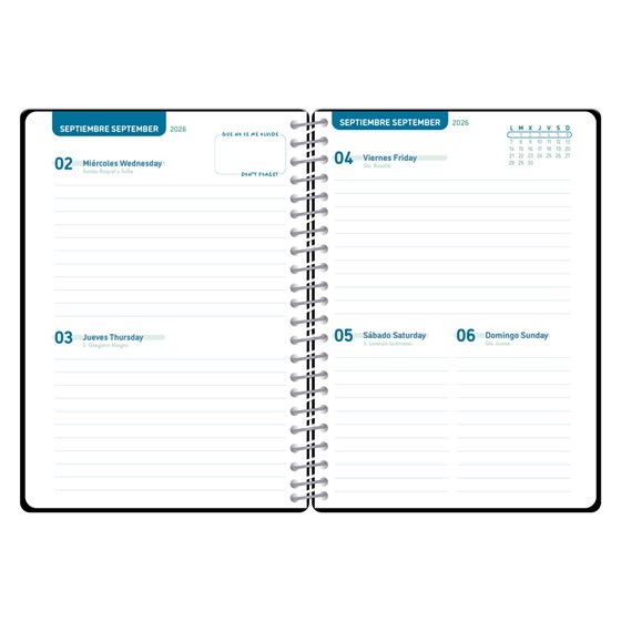 Agenda escolar liderpapel 26-27 espiral basic 2 dias pagina a5 bilingue 70g papel fsc negro