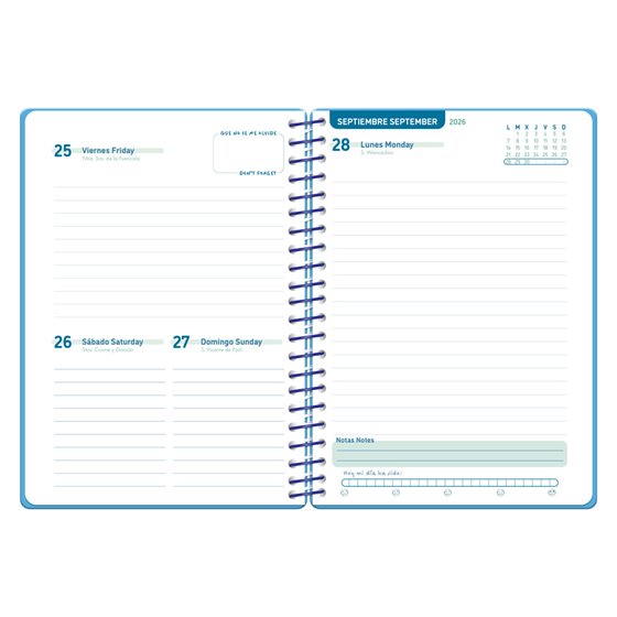 Agenda escolar liderpapel 26-27 espiral basic dia pagina a5 bilingue 70g papel fsc azul turquesa