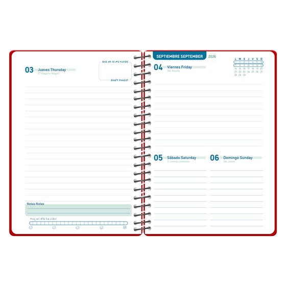 Agenda escolar liderpapel 26-27 espiral basic dia pagina a5 bilingue 70g papel fsc rojo