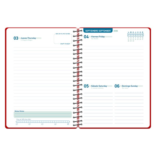 Agenda escolar liderpapel 26-27 espiral basic dia pagina a5 bilingue 70g papel fsc rojo