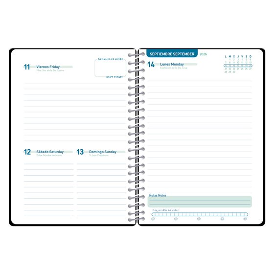 Agenda escolar liderpapel 26-27 espiral basic dia pagina a5 bilingue 70g papel fsc negro