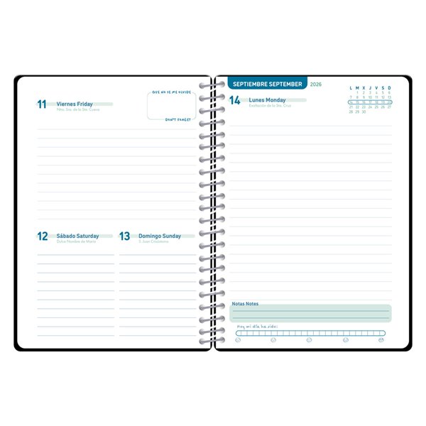 Agenda escolar liderpapel 26-27 espiral basic dia pagina a5 bilingue 70g papel fsc negro