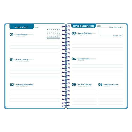 Agenda escolar liderpapel 26-27 espiral basic semana vista a5 bilingue 70g papel fsc azul turquesa
