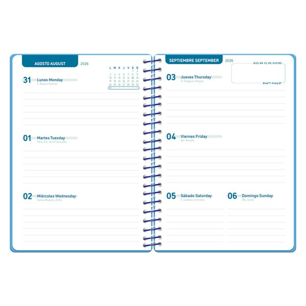 Agenda escolar liderpapel 26-27 espiral basic semana vista a5 bilingue 70g papel fsc azul turquesa