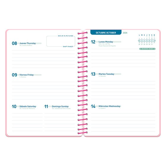 Agenda escolar liderpapel 26-27 espiral basic semana vista a5 bilingue 70g papel fsc rosa