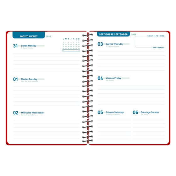Agenda escolar liderpapel 26-27 espiral basic semana vista a5 bilingue 70g papel fsc rojo