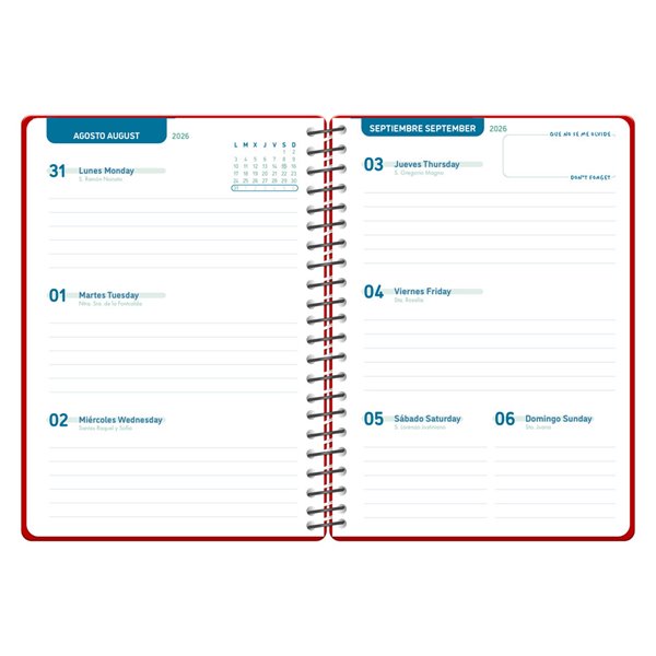 Agenda escolar liderpapel 26-27 espiral basic semana vista a5 bilingue 70g papel fsc rojo