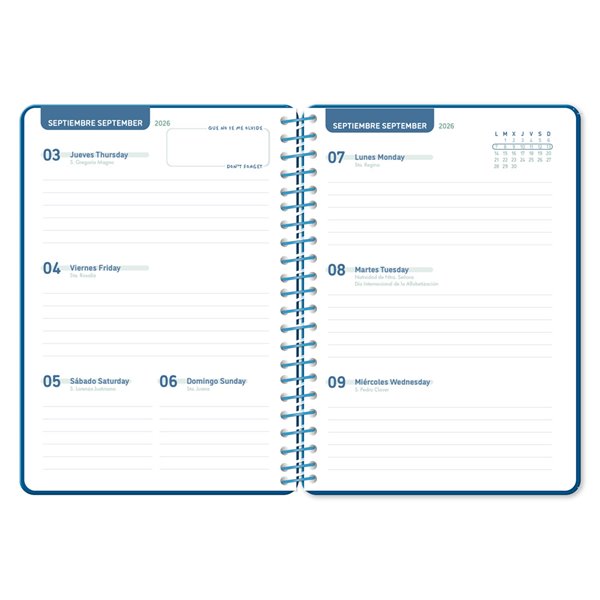 Agenda escolar liderpapel 26-27 espiral basic semana vista a5 bilingue 70g papel fsc azul marino