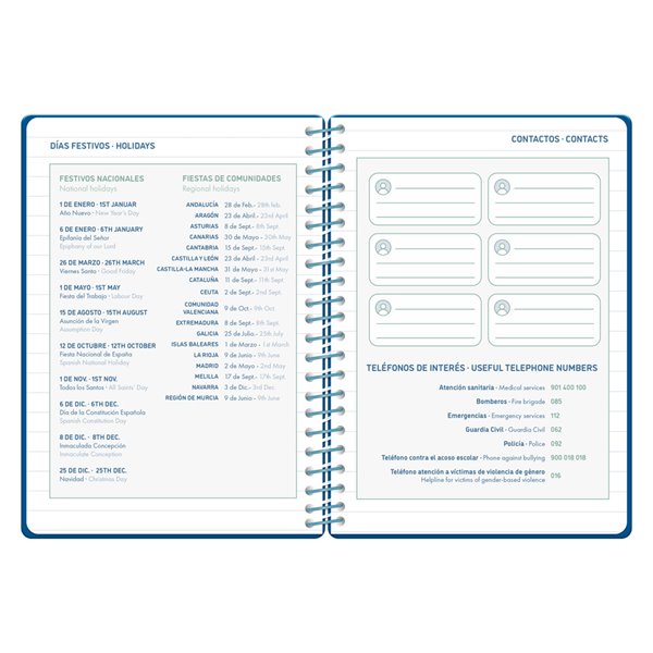 Agenda escolar liderpapel 26-27 espiral basic semana vista a5 bilingue 70g papel fsc azul marino