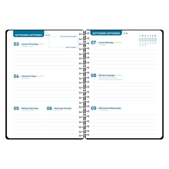 Agenda escolar liderpapel 26-27 espiral basic semana vista a5 bilingue 70g papel fsc negro