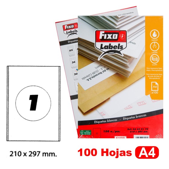 Caja 100 Hojas Etiquetas A4 Cantos Rectos 210X297 mm Fixo Fsc Fixo