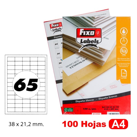 Caja 100 Hojas Etiquetas A4 Cantos Rectos "38X21.2 mm" Fixo Fsc Fixo