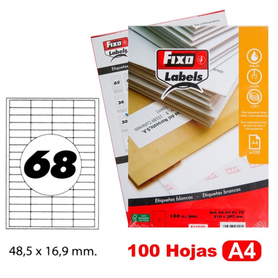 Caja 100 Hojas Etiquetas A4 Cantos Rectos "48.5X16.9 mm" Fixo Fsc Fixo