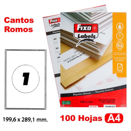 Caja 100 Hojas Etiquetas A4 Cantos Romos "199.6X289.1 mm" Fixo Fsc Fixo