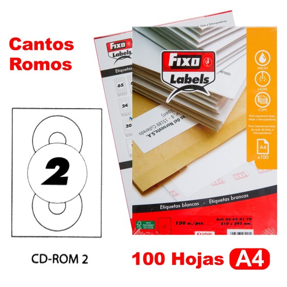 Caja 100 Hojas Etiquetas A4 Cantos Romos Cd Room 2 Fixo Fsc Fixo