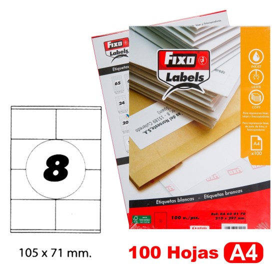 Caja 100 Hojas Etiquetas A4 Cantos Rectos 105X71 mm Fixo Fsc Fixo