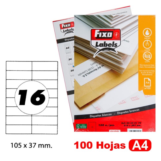 Caja 100 Hojas Etiquetas A4 Cantos Rectos 105X37 mm Fixo Fsc Fixo