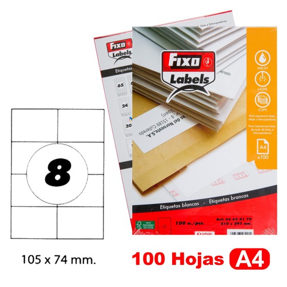 Caja 100 Hojas Etiquetas A4 Cantos Rectos 105X74 mm Fixo Fsc Fixo