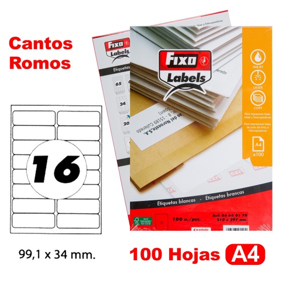 Caja 100 Hojas Etiquetas A4 Cantos Romos "99.1X33.9 mm" Fixo Fsc Fixo