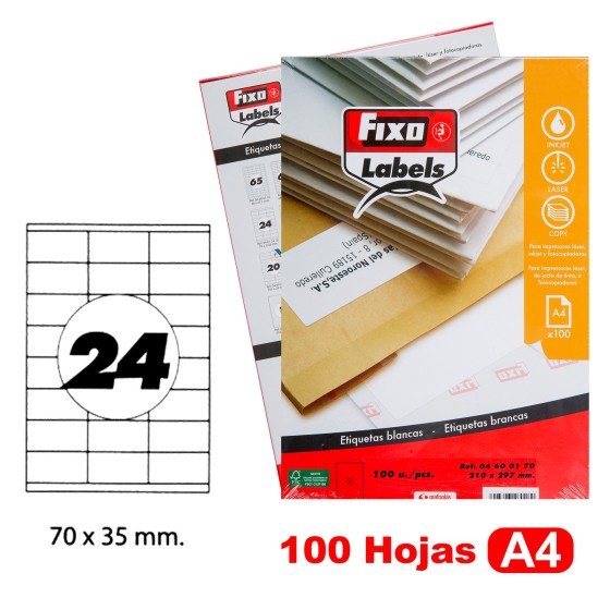 Caja 100 Hojas Etiquetas A4 Cantos Rectos 70X35 mm Fixo Fsc Fixo