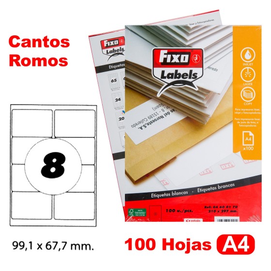 Caja 100 Hojas Etiquetas A4 Cantos Romos "99.1X67.7 mm" Fixo Fsc Fixo