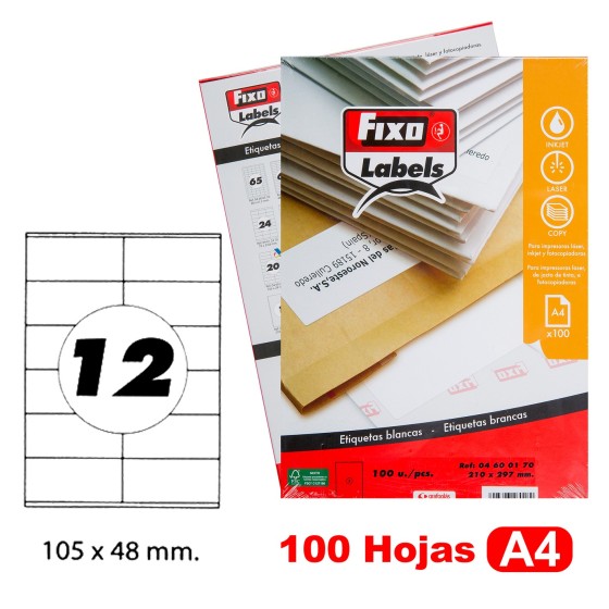 Caja 100 Hojas Etiquetas A4 Cantos Rectos 105X48 mm Fixo Fsc Fixo