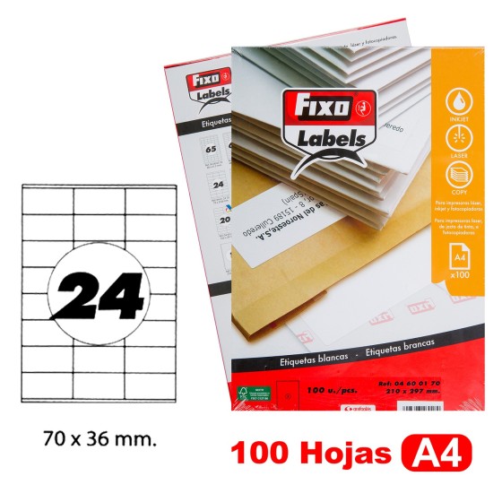 Caja 100 Hojas Etiquetas A4 Cantos Rectos 70X36 mm Fixo Fsc Fixo