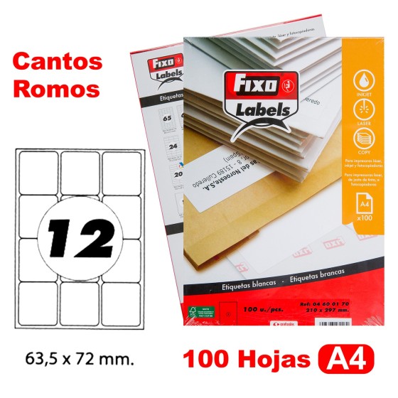 Caja 100 Hojas Etiquetas A4 Cantos Romos "63.5X72 mm" Fixo Fsc Fixo