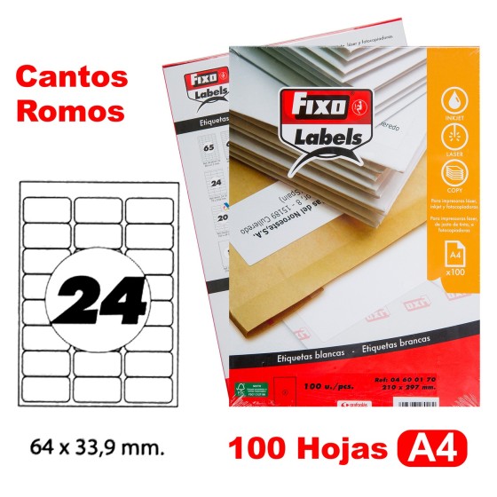 Caja 100 Hojas Etiquetas A4 Cantos Romos "63.5X33.9 mm" Fixo Fsc Fixo