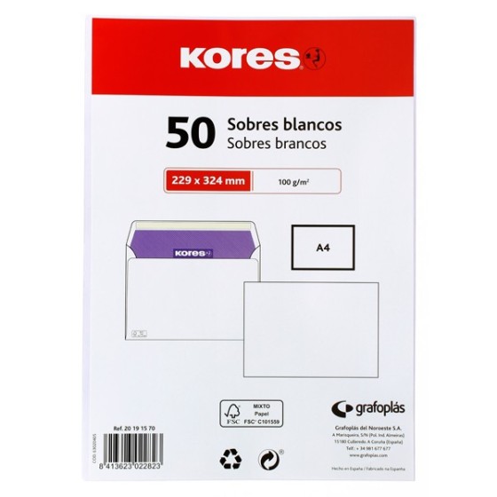 Paquete 100 Sobres Blanco 115X225 90 G Solapa Recta Apertura Fácil Cierre Tira Silicona Fsc Kores