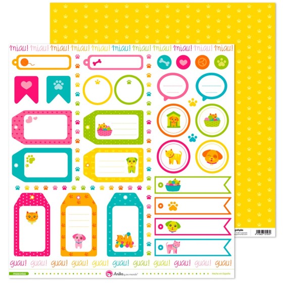 Pack 5 Papeles Decorados 12X12" 180 G Etiquetas Mascotas 16 Fsc Anita