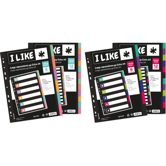 Separadores PP Opaco Extra 6 Posiciones A4 11 Taladros Colores Pastel Like Grafoplás