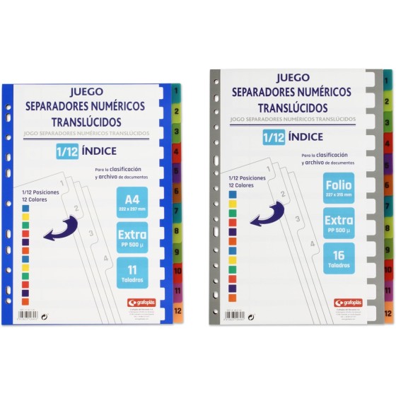 Separadores Numéricos PP Translúcido Extra 1-12 Posiciones Folio 16 Taladros Separadores PP Extra Grafoplás