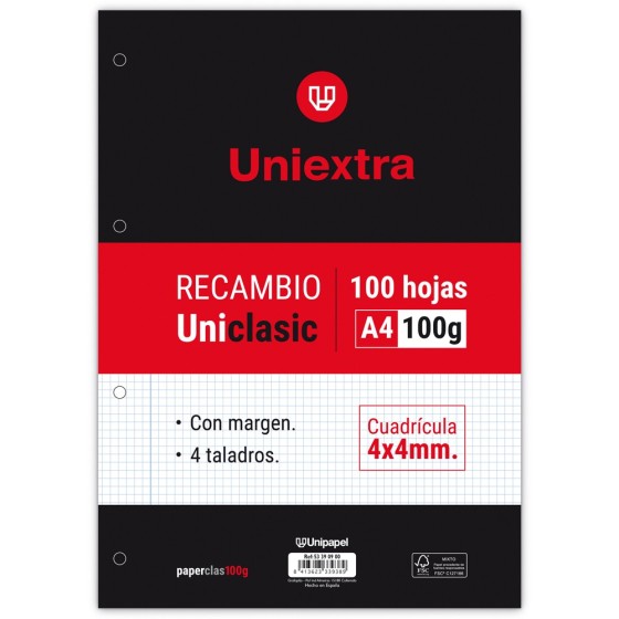 Recambios A4 100 Hojas 100 G Cuadricula 4X4 mm Con Margen Con Taladros Uniclasic Uniextra