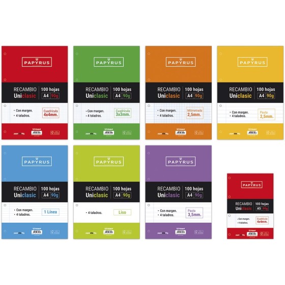 Recambios A5 100 Hojas 90 G Cuadricula 4X4 mm Con Margen Con Taladros Uniclasic Papyrus