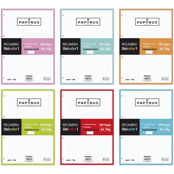 Recambios A4 100 Hojas 90 G Cuadricula 5X5 mm Sin Margen Con Taladros Mint Unicolor Papyrus